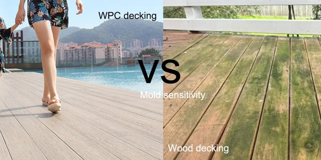 How does the susceptibility to mold and mildew of WPC decking compare to traditional wood decking